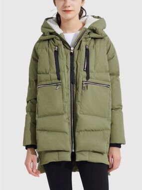 Women's Olive Hooded Puffer Coat with Sherpa Lining